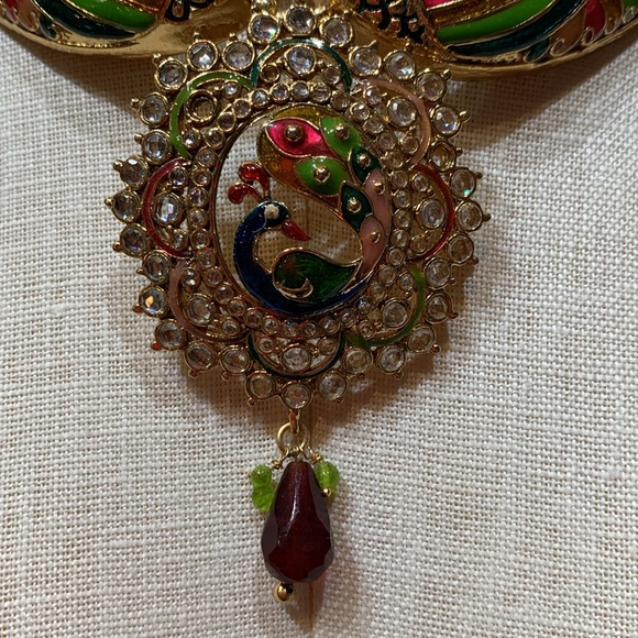 Indian/Bollywood Enamel Faux Zirconia Large Peacock Adjustable Length Necklace - Picture 3 of 7